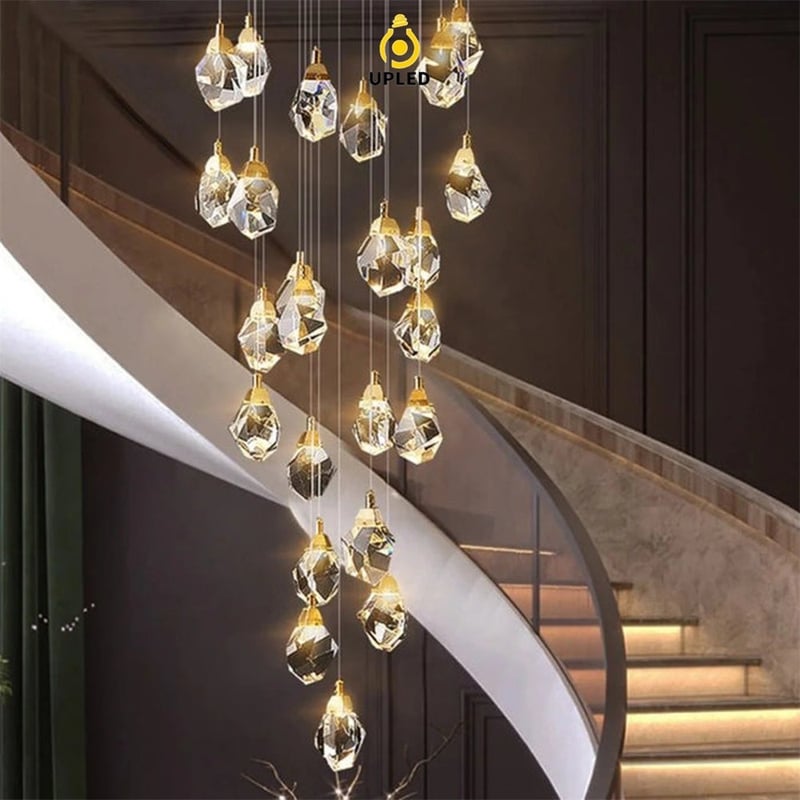 Đèn thả pha lê cắt kim cương khung inox, đế tròn hoặc vuông cho thông tầng cao