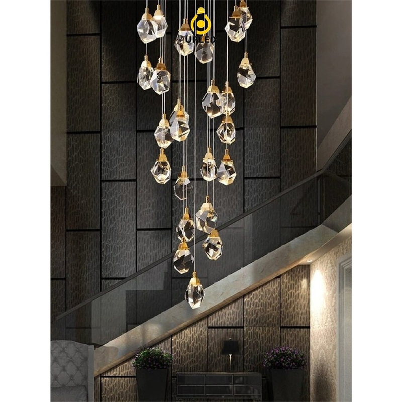 Đèn thả pha lê cắt kim cương khung inox, đế tròn hoặc vuông cho thông tầng cao