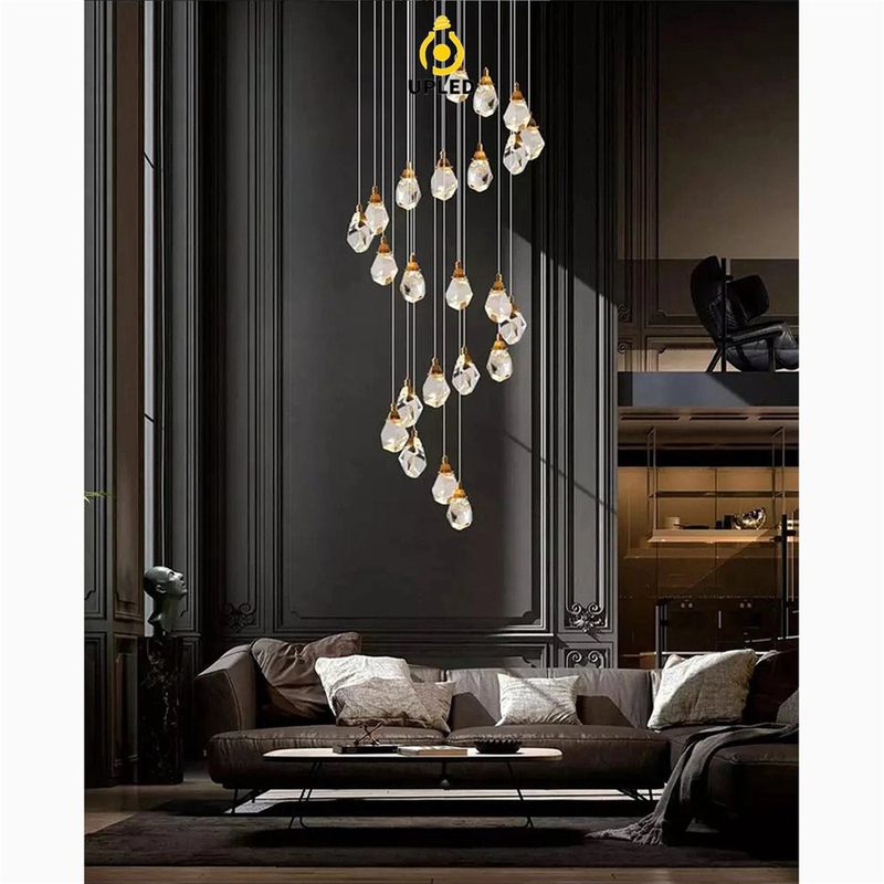 Đèn thả pha lê cắt kim cương khung inox, đế tròn hoặc vuông cho thông tầng cao