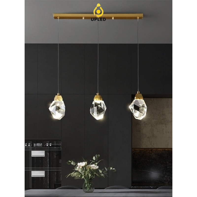 Đèn thả pha lê cắt kim cương khung inox, đế tròn hoặc vuông cho thông tầng cao