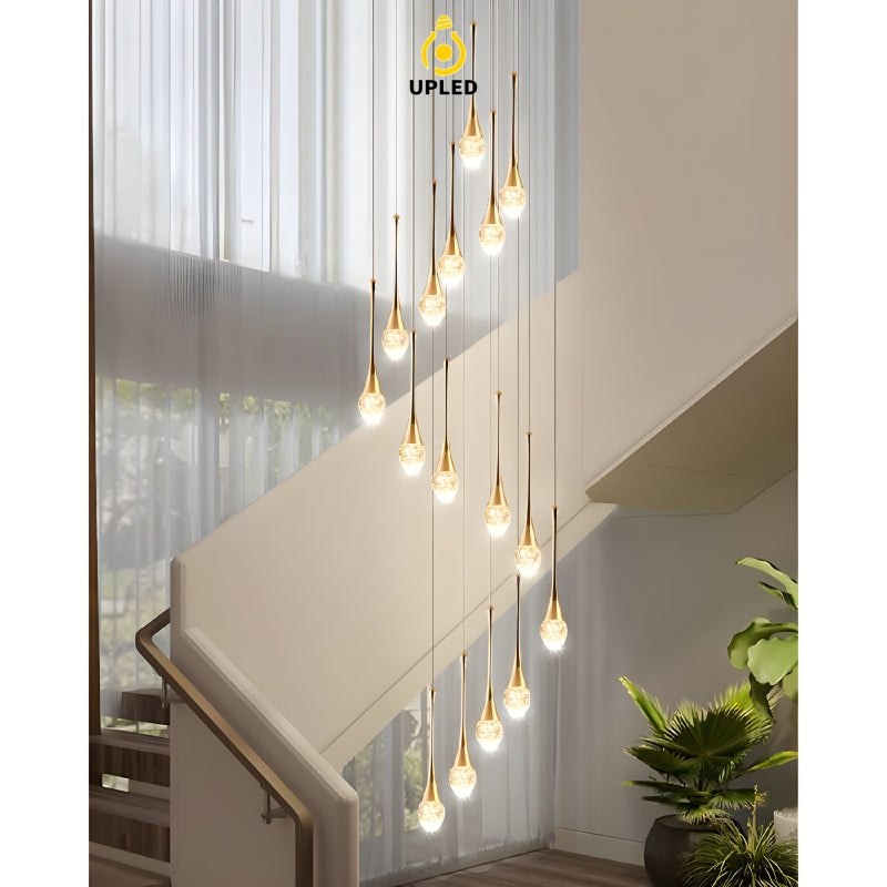 Đèn thả pha lê mạ vàng xếp xoắn ốc, tùy chỉnh số bóng cho cầu thang
