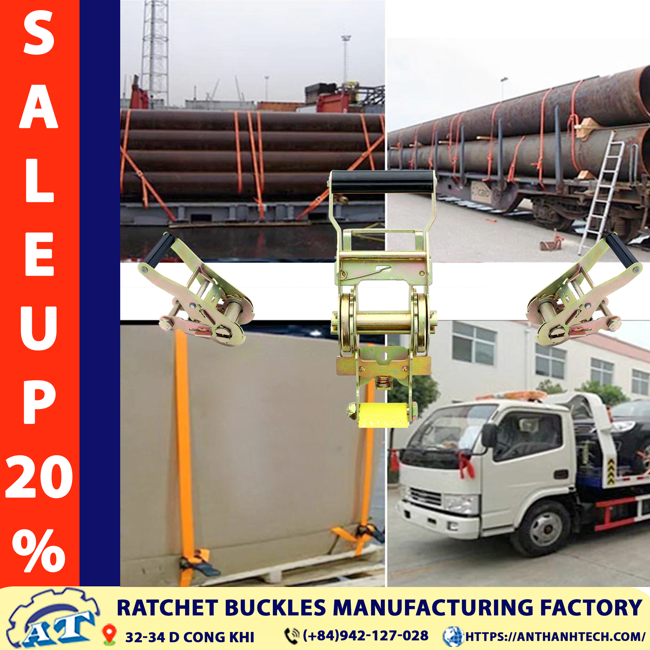 1.5-inch ratchet buckle securing cargo. 1.5-inch ratchet buckle securing cargo.