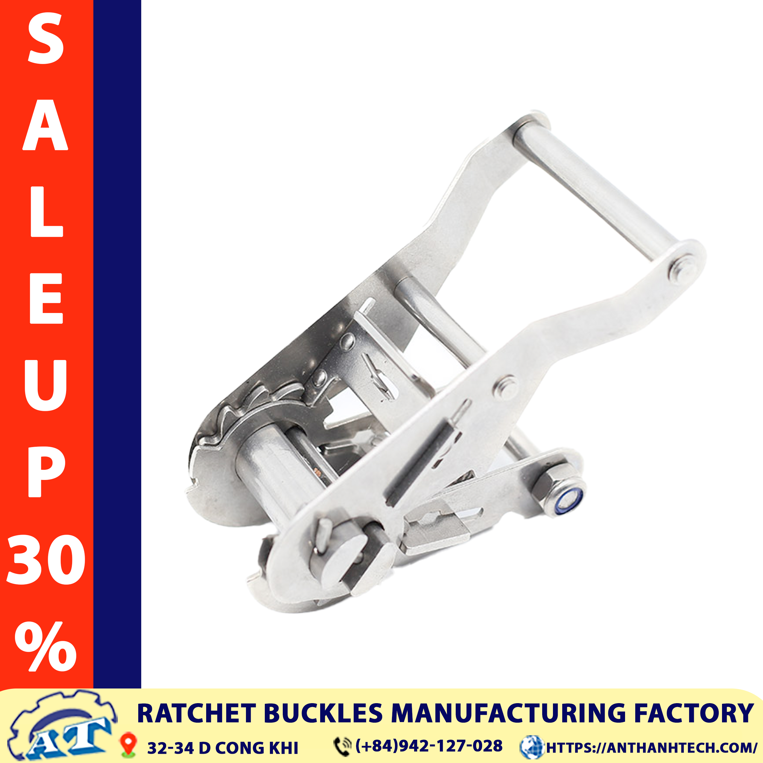 1.5-ton 1.5-inch standard steel handle ratchet buckle in a tie-down setup. 1.5-ton 1.5-inch standard steel handle ratchet buckle in a tie-down setup.