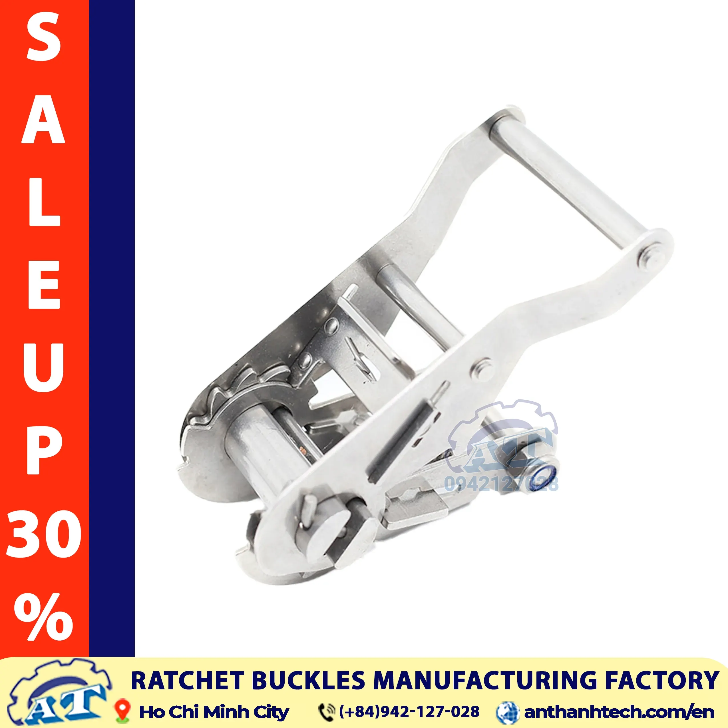 Close-up of the 1.5-inch standard steel handle ratchet buckle’s construction