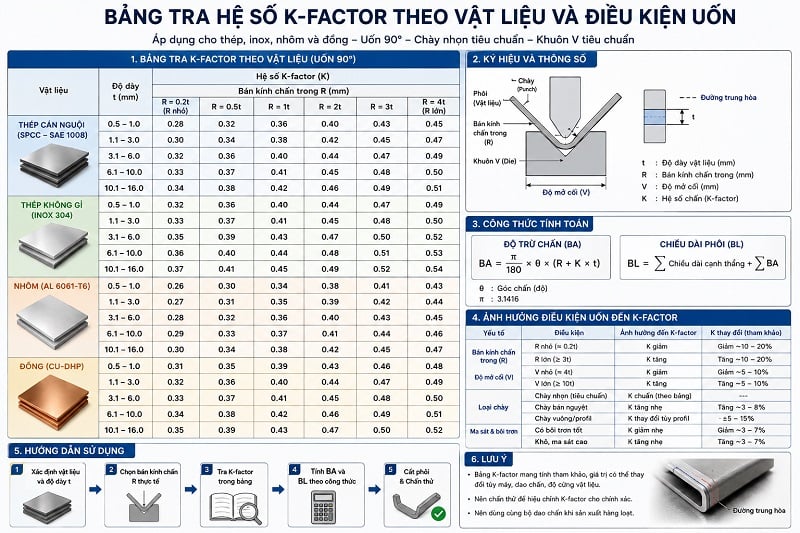 Bảng tra cứu hệ số K-factor điều kiện theo vật liệu và điều kiện uốn