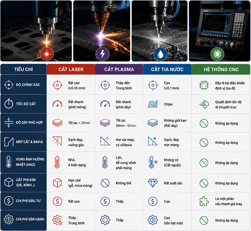 Bảng so sánh Laser vs Plasma vs Tia nước vs CNC