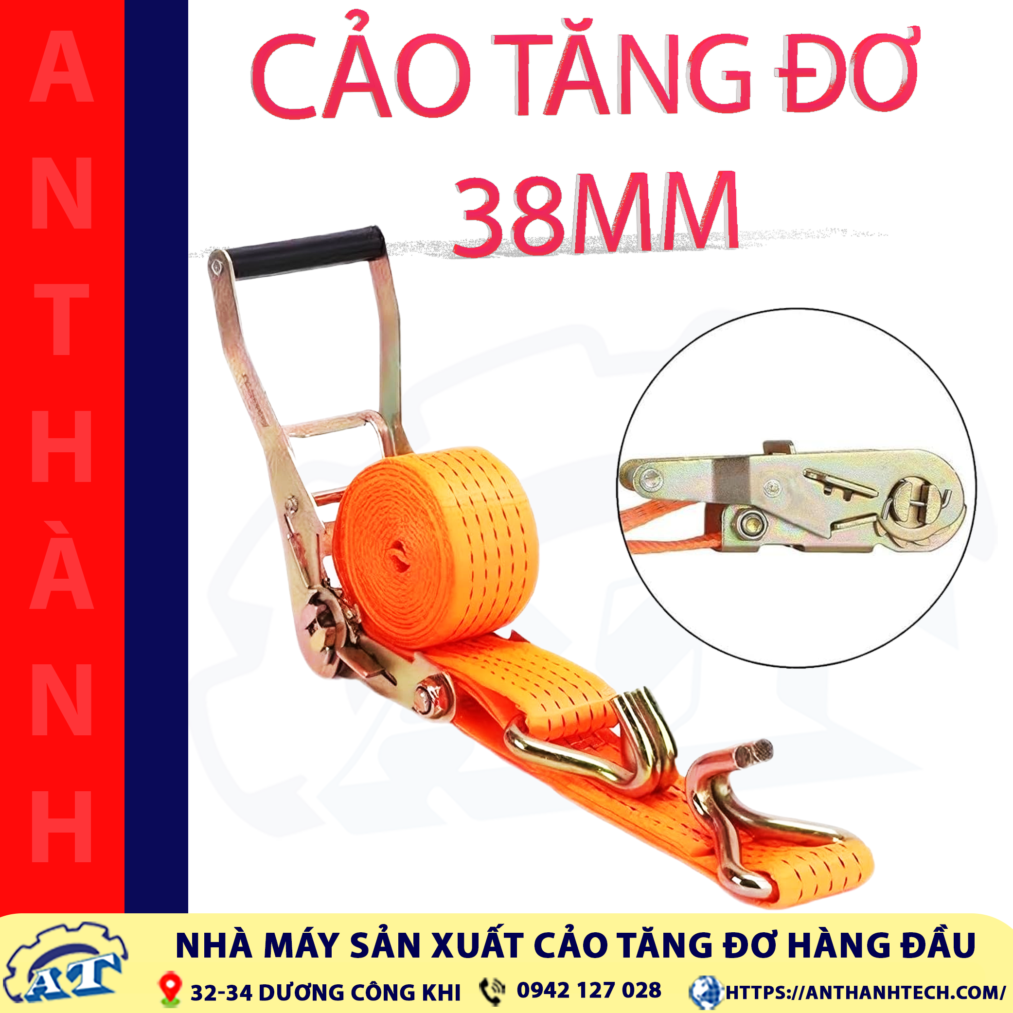 Cảo tăng đơ 38mm màu cam chịu tải 2 tấn với móc J An Thành. Cảo tăng đơ 38mm màu cam chịu tải 2 tấn với móc J An Thành.
