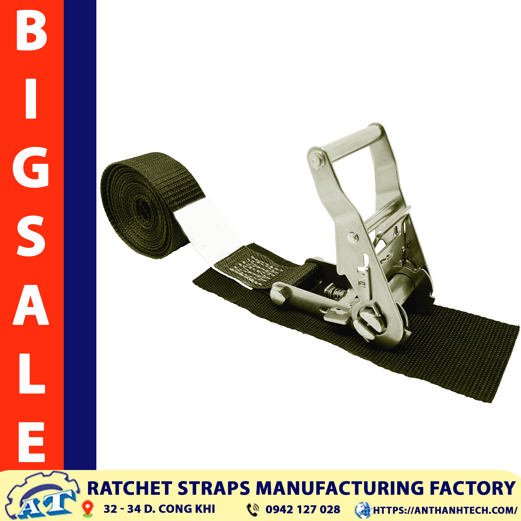 Close up of the 1.5 inch ratchet tie down strap mechanism. Close up of the 1.5 inch ratchet tie down strap mechanism.