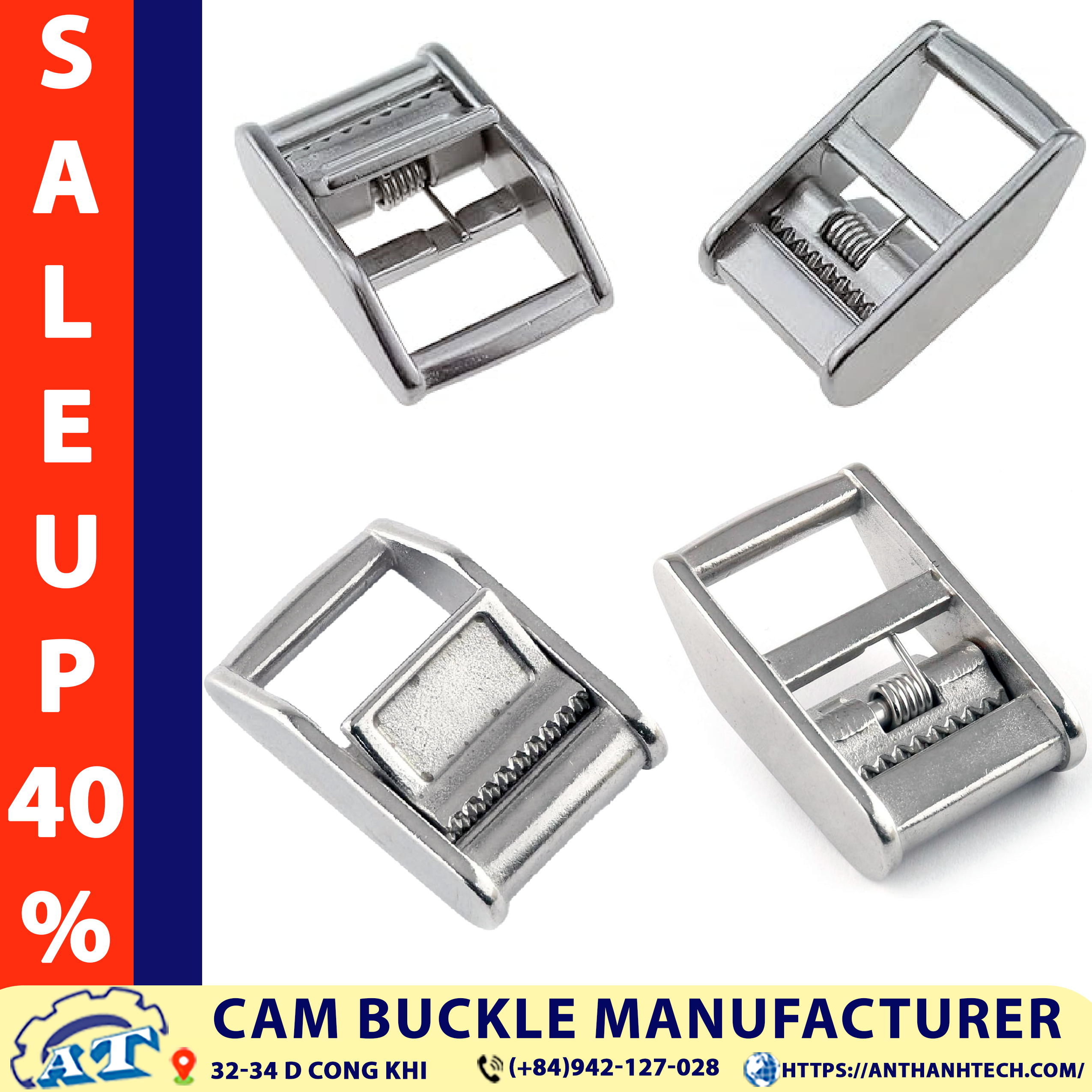 Close up of the 1 inch cam buckle’s sturdy build. Close up of the 1 inch cam buckle’s sturdy build.