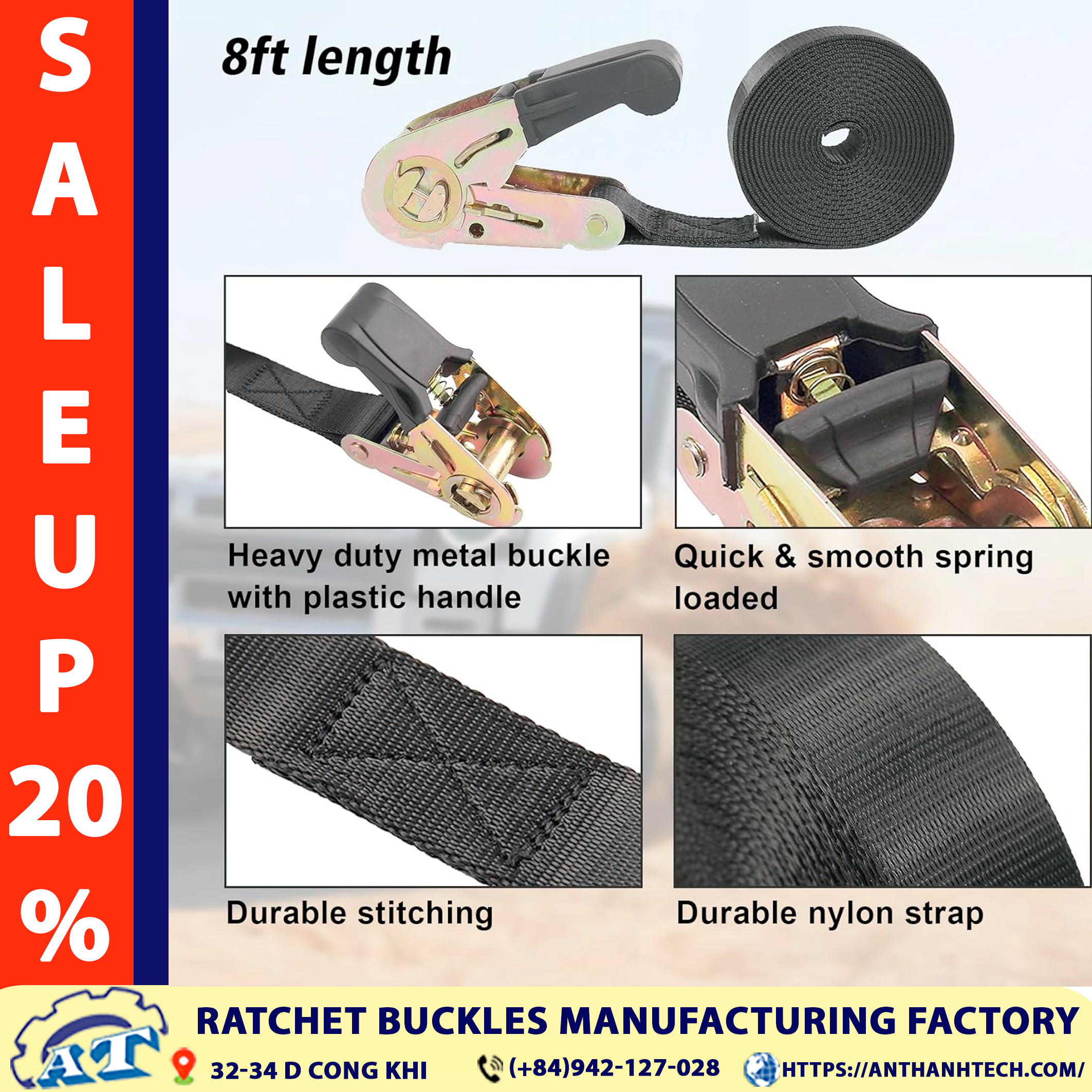 Close-up of the 1" ratchet buckle with black rubber handle. Close-up of the 1" ratchet buckle with black rubber handle.