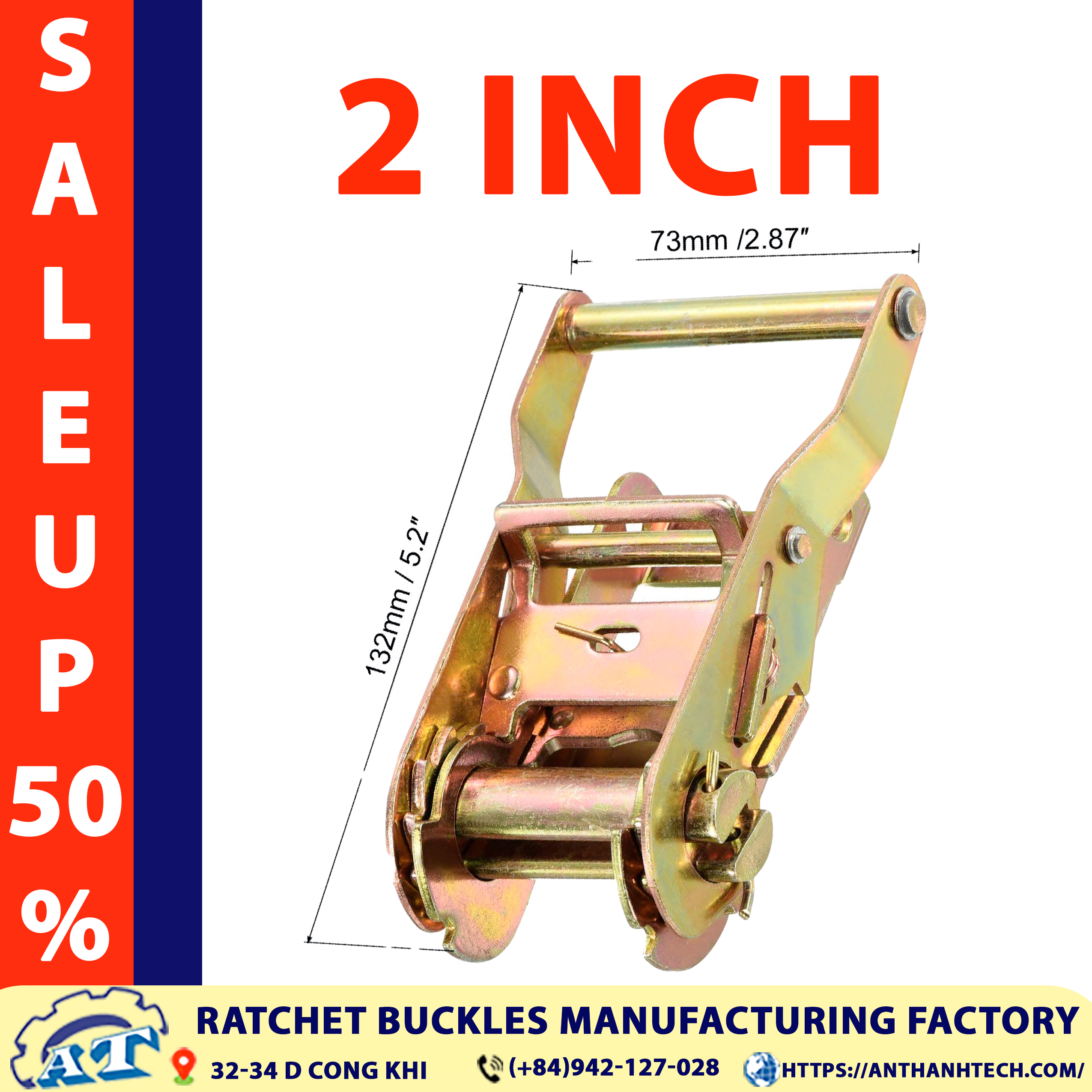Close up of the 2-inch ratchet buckle 4409 lbs’ sturdy construction. Close up of the 2-inch ratchet buckle 4409 lbs’ sturdy construction.