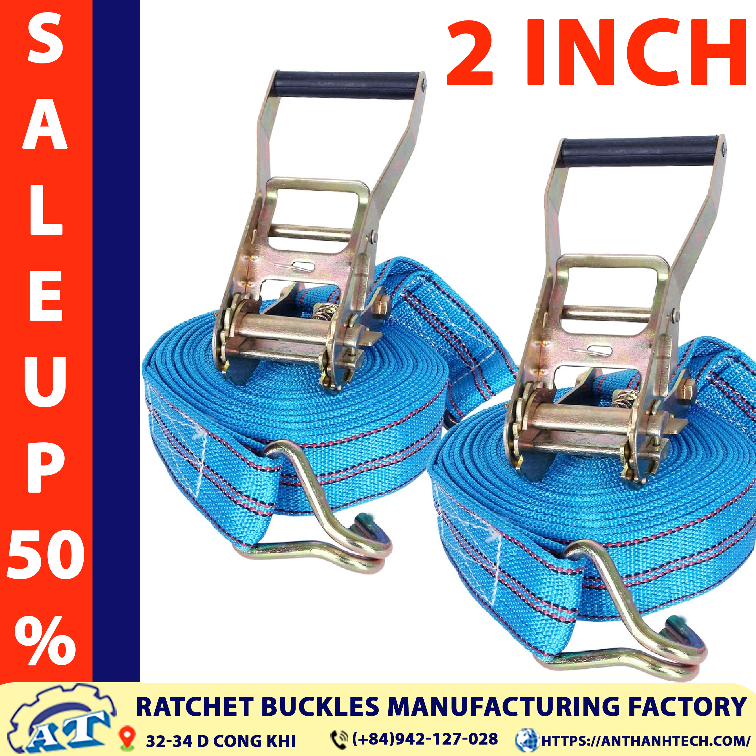 Close up of the 2 inch ratchet tie down strap’s robust build. Close up of the 2 inch ratchet tie down strap’s robust build.