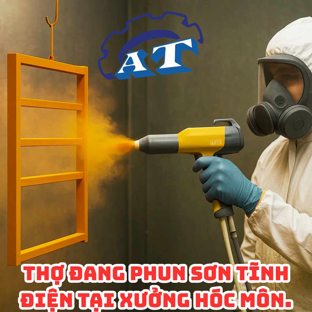 Thợ đang phun sơn tĩnh điện tại xưởng Hóc Môn. Thợ đang phun sơn tĩnh điện tại xưởng Hóc Môn.