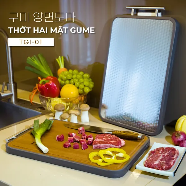 Thớt kháng khuẩn cao cấp GUME 2 mặt bằng INOX 304 và Gỗ Mun
