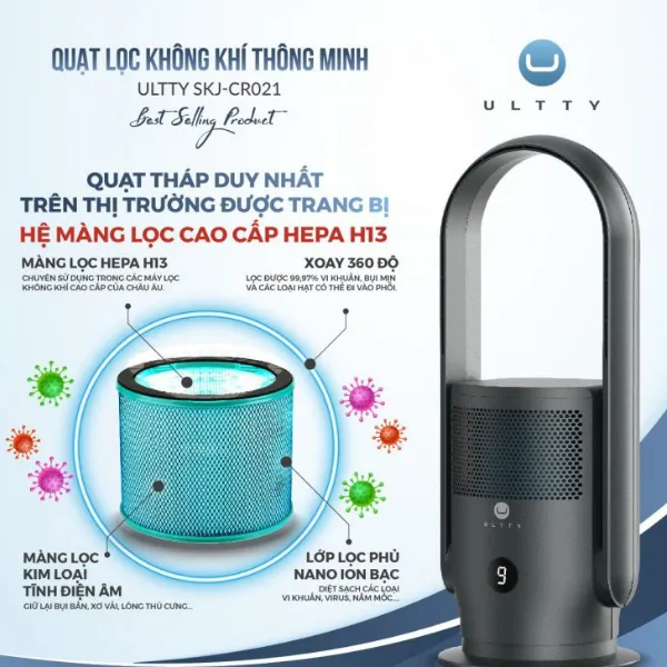 Quạt điều hòa, lọc không khí ULTTY SKJ-CR021, 9 cấp làm mát, Lọc HEPA H13 loại bỏ 99,97% bụi mịn, vi khuẩn, virus