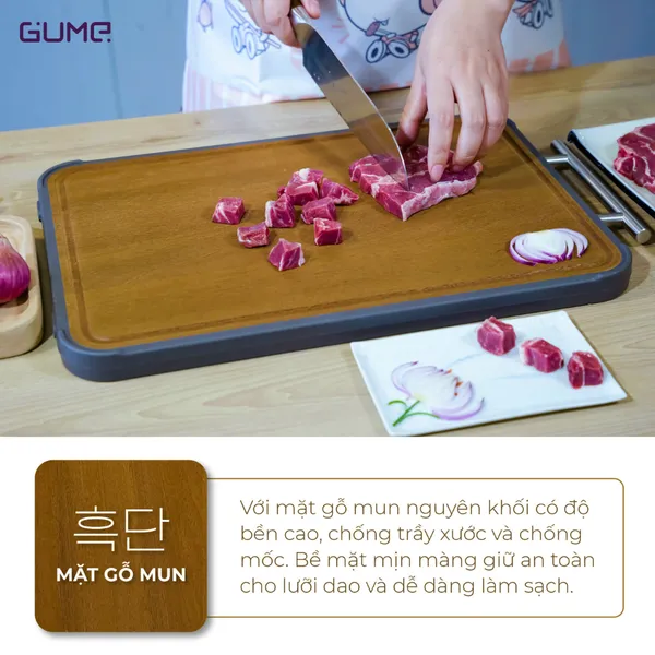Thớt kháng khuẩn cao cấp GUME 2 mặt bằng INOX 304 và Gỗ Mun
