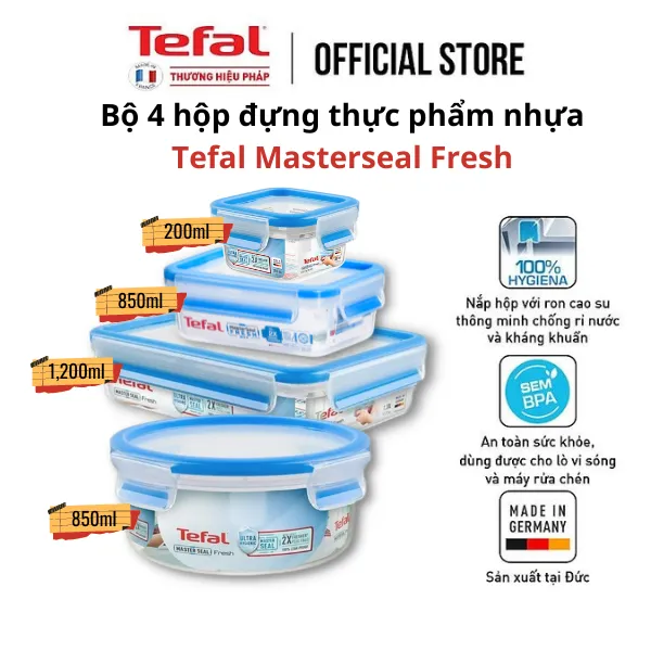 Bộ 4 hộp bảo quản thực phẩm Tefal Masterseal Fresh (0.2, 0.85, 0.85, 1.2)