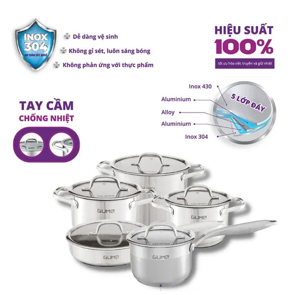 Bộ nồi Inox 5 món cao cấp Gume Hàn Quốc