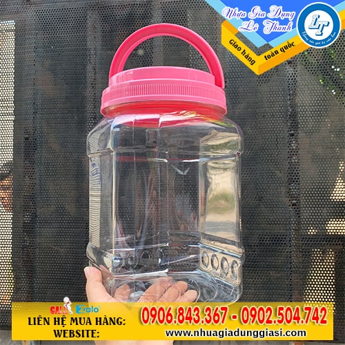 Hũ nhựa vuông nắp quai 5kg Hũ nhựa vuông nắp quai 5kg