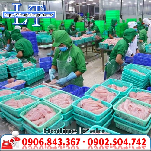 Rỗ nhựa chữ nhật được sử dụng tại nhà xưởng chế biến