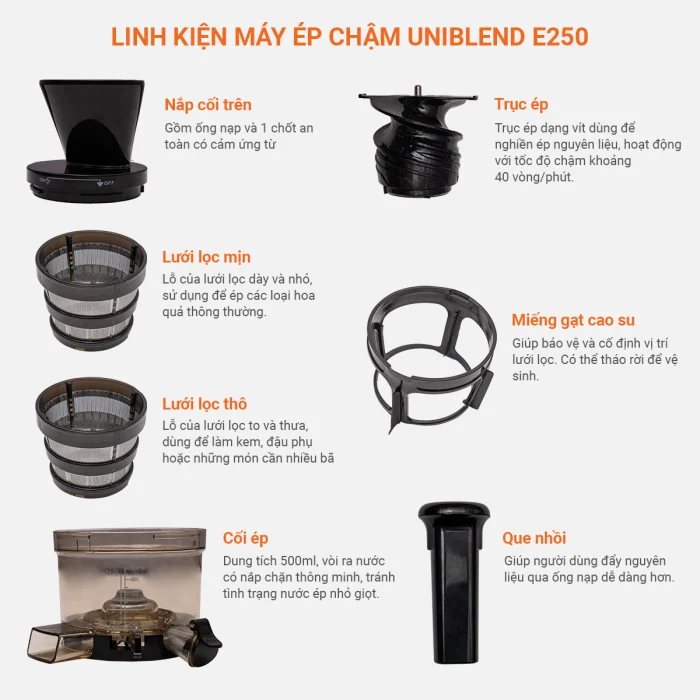 Linh phụ kiện trọn bộ của máy ép chậm Uniblend E250