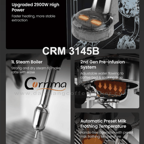 Máy Pha Cà Phê CORRIMA CRM 3145B (Bản 2026) – Sức Mạnh Dual Boiler & Công Nghệ Bù Nhiệt PTC