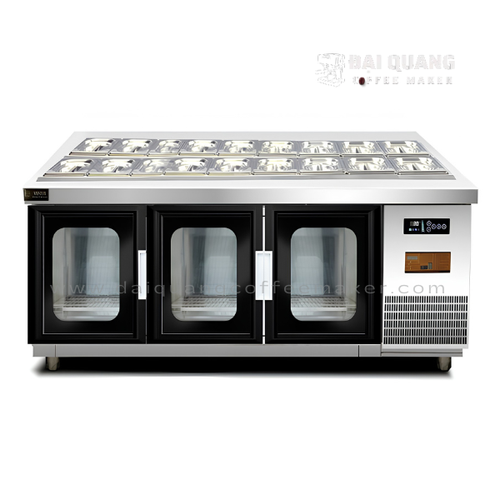 Tủ Bàn Salad Cánh Kính Viner V-BSLCK1.8 – Trạm Topping 1.8m, 14 Khay Inox, Quạt Gió No Frost