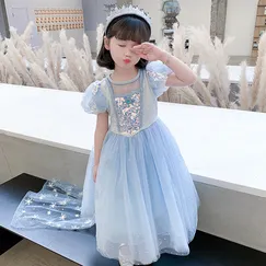Váy công chúa Elsa màu xanh kèm tà dài cho bé gái 3-11 tuổi - Mẫu mới nhất 2022 (Frozen 2)