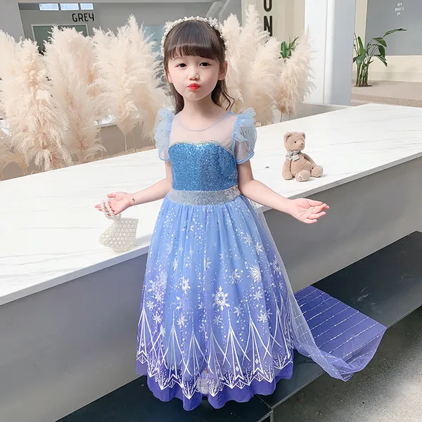 Đầm công chúa Elsa màu xanh tím kèm tà dài cho bé gái 3-11 tuổi - Mẫu mới nhất 2022 (Frozen 2)