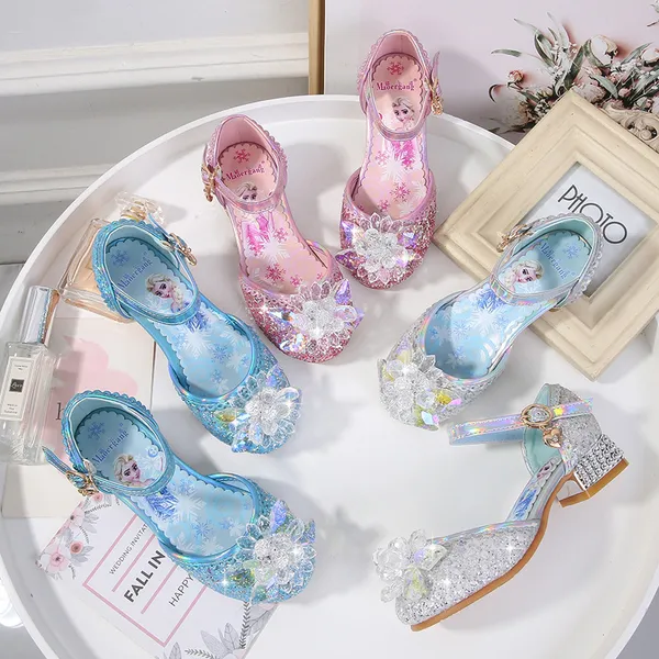 Giày công chúa Elsa cao gót bít mũi đính đá cho bé gái 3-9 tuổi