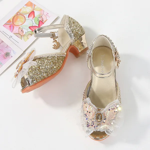 Giày công chúa cao gót cho bé gái 4-8 tuổi, mẫu hở mũi đính nơ đuôi tiên cá