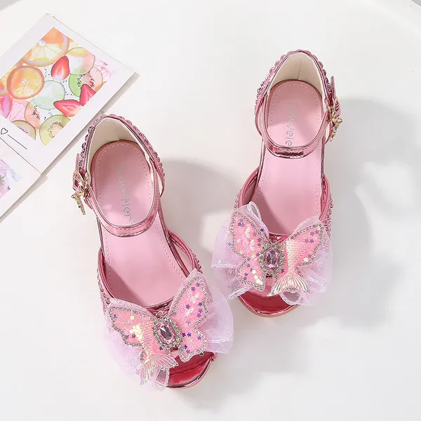 Giày công chúa cao gót cho bé gái 4-8 tuổi, mẫu hở mũi đính nơ đuôi tiên cá