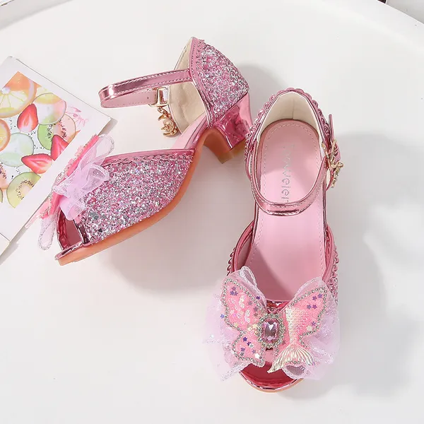 Giày công chúa cao gót cho bé gái 4-8 tuổi, mẫu hở mũi đính nơ đuôi tiên cá