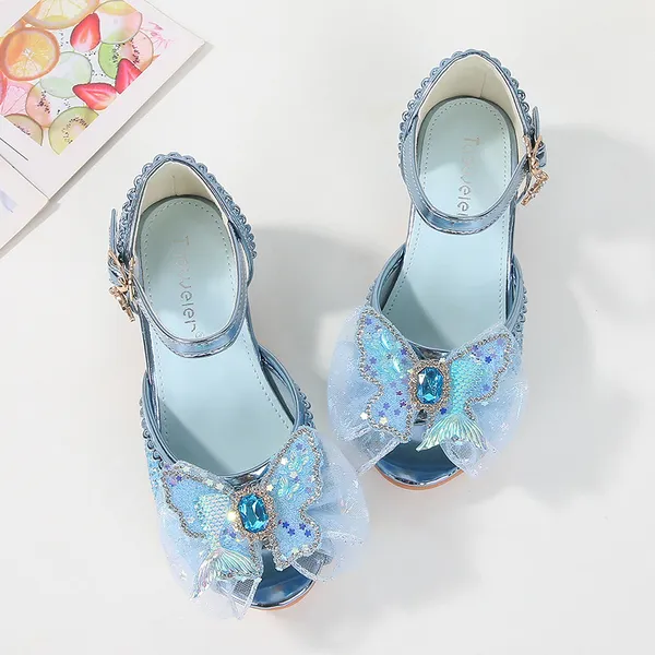 Giày công chúa cao gót cho bé gái 4-8 tuổi, mẫu hở mũi đính nơ đuôi tiên cá