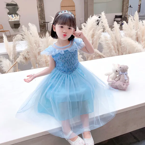 Đầm elsa tà dài màu xanh mẫu mới cao cấp 2020 cho bé gái - EV15