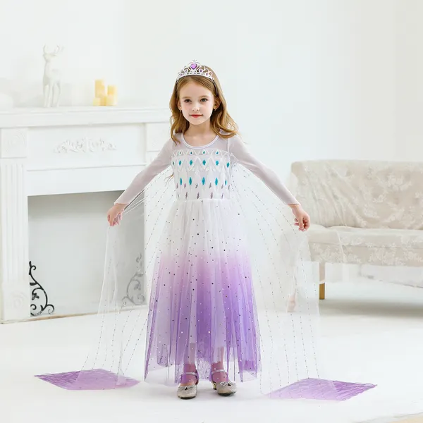 Váy elsa cho bé gái 3-10 tuổi Frozen 2 mẫu váy tay dài kèm tà dài cho bé