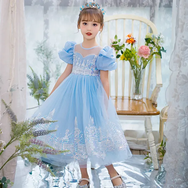 Váy công chúa Elsa Frozen Castle Edge thêu tay áo phồng màu xanh