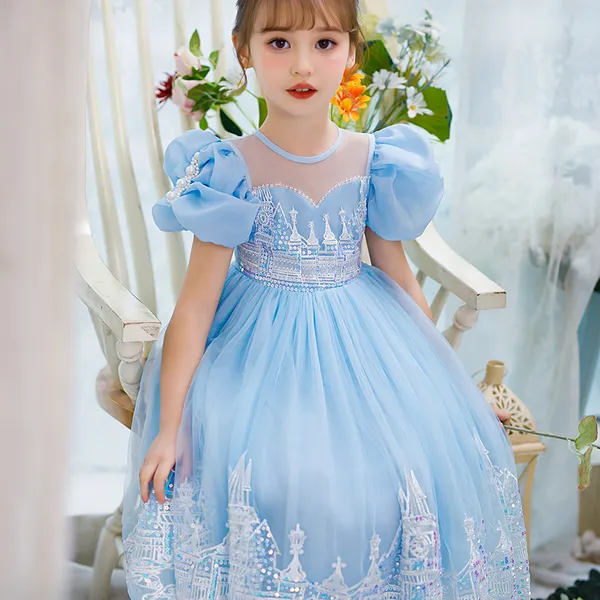 Váy công chúa Elsa Frozen Castle Edge thêu tay áo phồng màu xanh