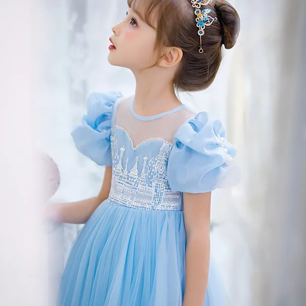 Váy công chúa Elsa Frozen Castle Edge thêu tay áo phồng màu xanh
