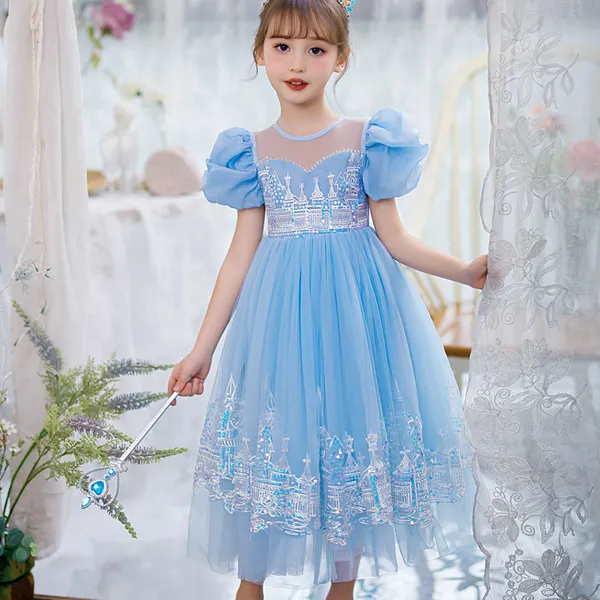 Váy công chúa Elsa Frozen Castle Edge thêu tay áo phồng màu xanh