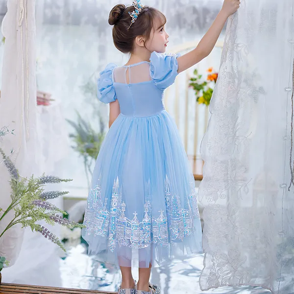Váy công chúa Elsa Frozen Castle Edge thêu tay áo phồng màu xanh