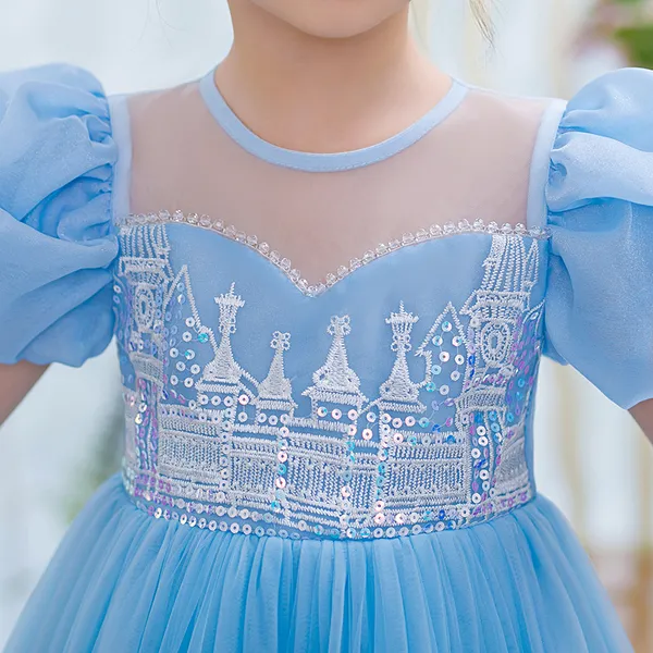 Váy công chúa Elsa Frozen Castle Edge thêu tay áo phồng màu xanh