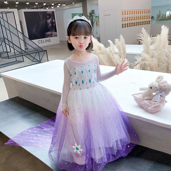 Váy elsa cho bé gái 3-10 tuổi Frozen 2 mẫu váy tay dài kèm tà dài cho bé