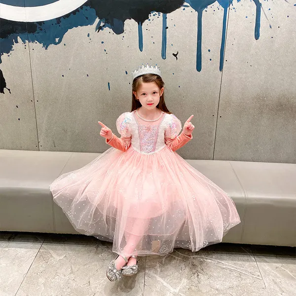 Váy công chúa Elsa cho bé gái màu hồng cam tay dài - kèm tà - mẫu siêu xinh cho bé gái