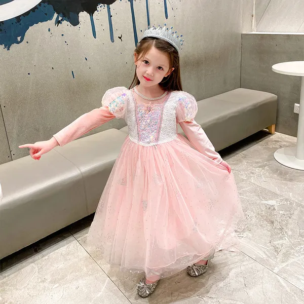Váy công chúa Elsa cho bé gái màu hồng cam tay dài - kèm tà - mẫu siêu xinh cho bé gái