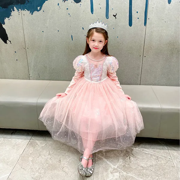 Váy công chúa Elsa cho bé gái màu hồng cam tay dài - kèm tà - mẫu siêu xinh cho bé gái