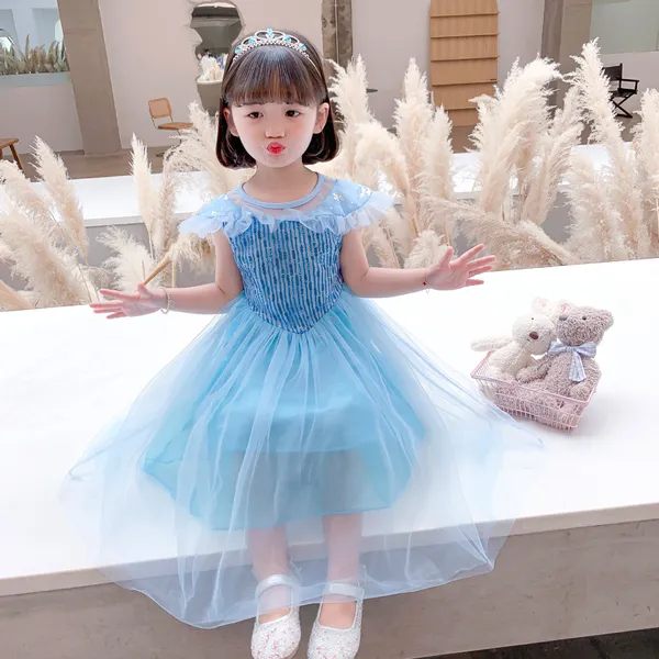 Đầm elsa tà dài màu xanh mẫu mới cao cấp 2020 cho bé gái - EV15