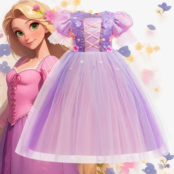 Váy công chúa Tóc mây Rapunzel màu hồng tím mẫu mới 2025 siêu dễ thương cho bé gái 3-9 tuổi
