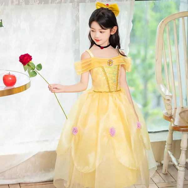 Đầm công chúa Belle Người đẹp và quái vật màu vàng bồng bềnh cho bé 3-8 tuổi