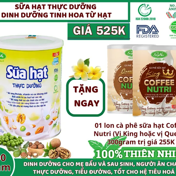 Sữa Hạt Thực Dưỡng Dinh Dưỡng Tinh Hoa Từ Hạt SoyNa 800g chính hãng tặng kèm 1lon cafe sữa hạt coffeeNutri(Vị King hoặc Vị Queen) 300gram trị giá 255k